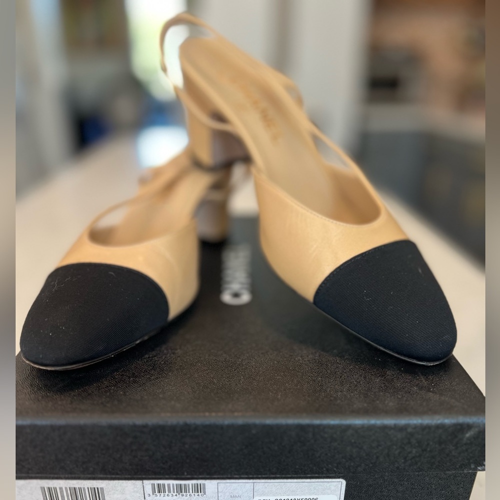 Chanel Classic Slings.  Beige and Black.  Size 38.5